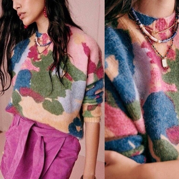 Sezane Sweaters - Sezane NWOT Windiger Mohair Blend Pink Blue Crewneck Long Sleeve Jumper S
